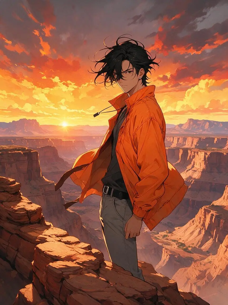Boy on a canyon ridge at sunset