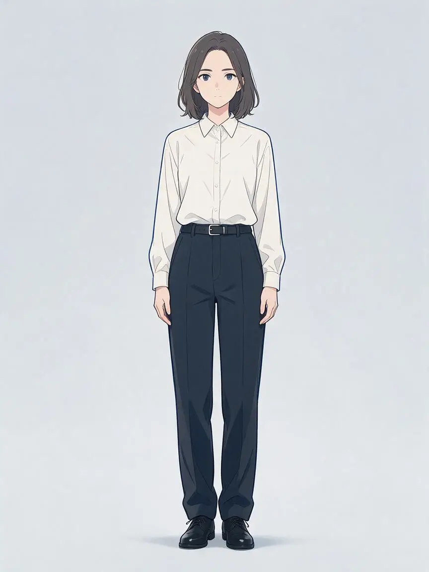 Anime character wearing a white shirt and dark trousers