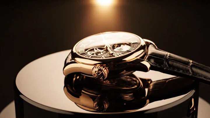 AI image-to-video example of a gold-colored watch on a dark reflective pedestal