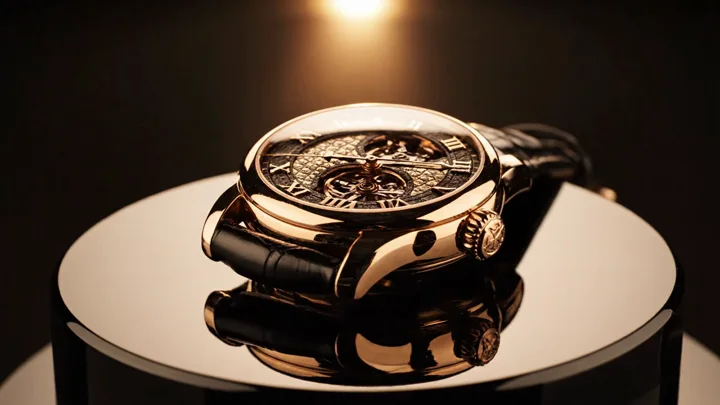 Gold watch on a reflective platform under warm cinematic lighting