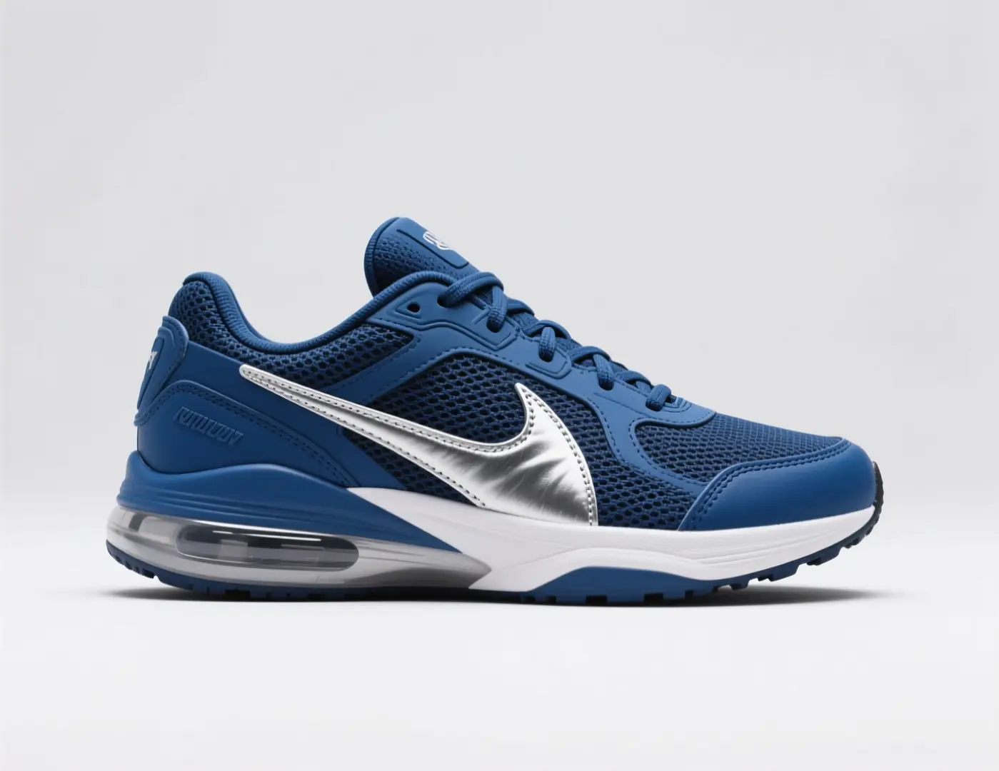 Navy athletic sneaker with a pale sole on a plain background