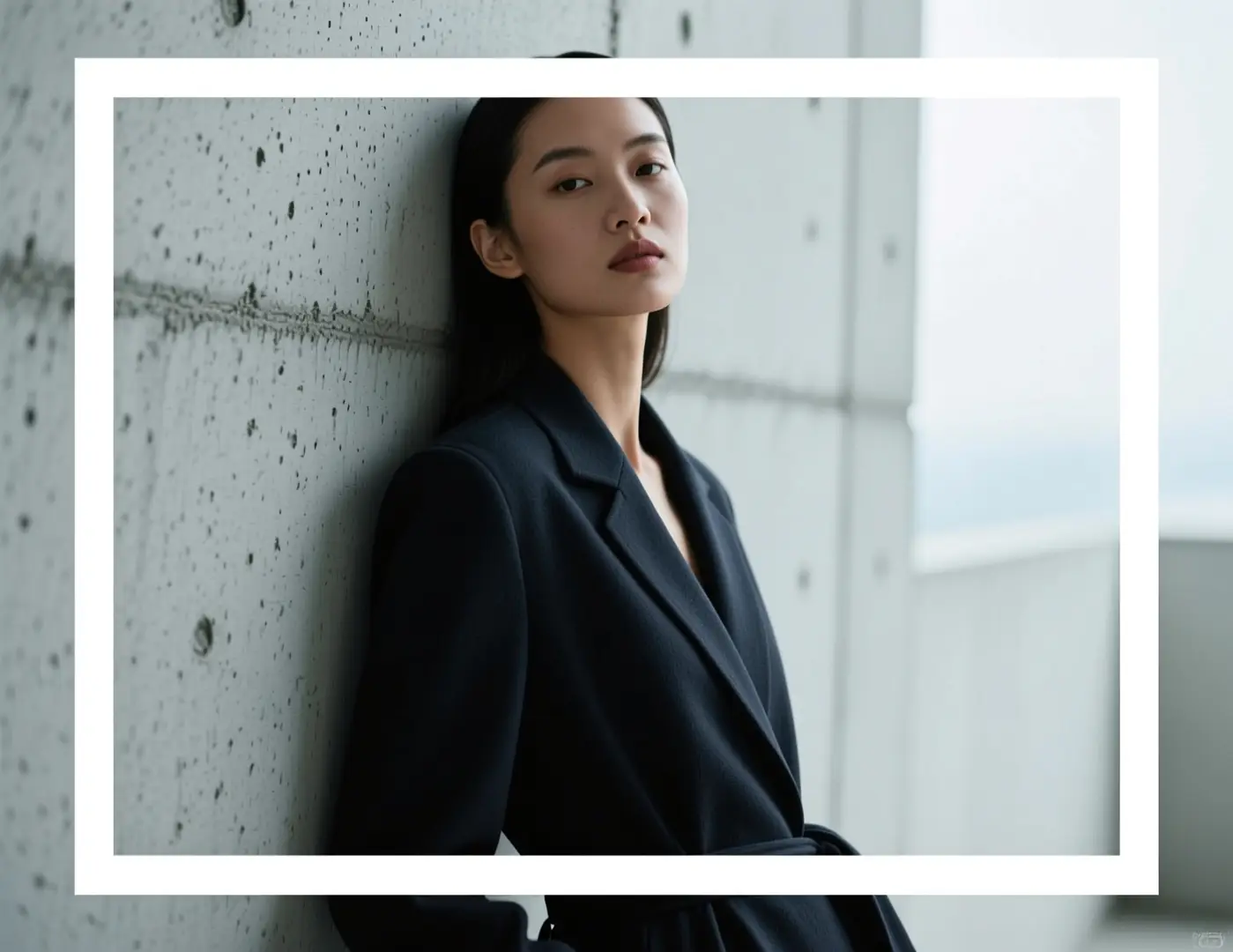 An editorial portrait concept with a direct pose, minimalist setting, and controlled lighting mood.