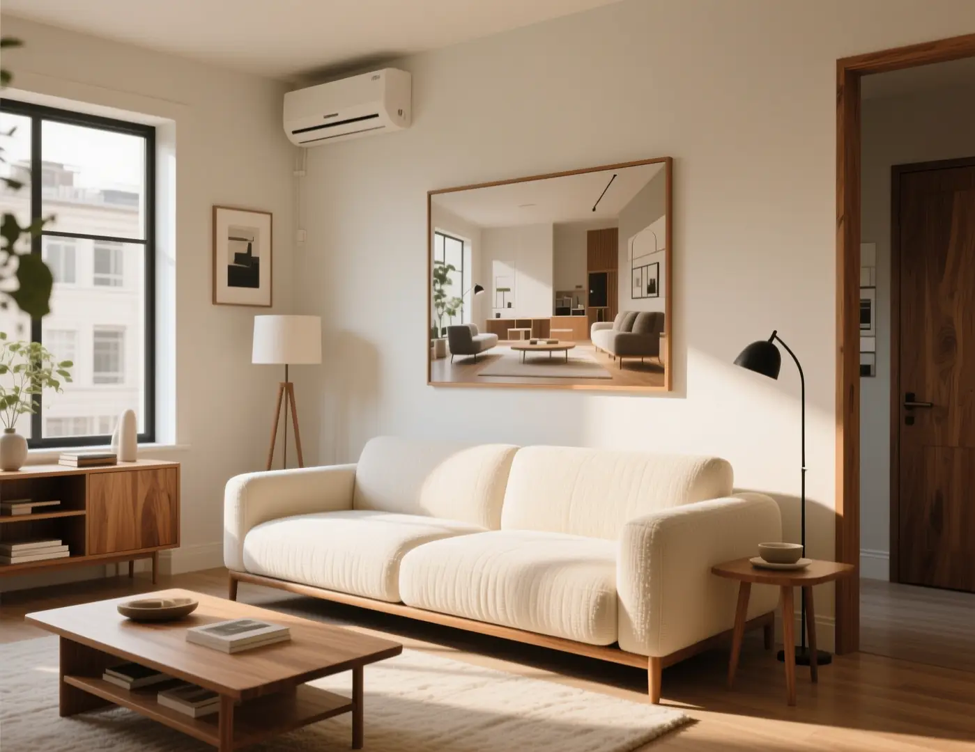 Neutral living room with sofa, plants, and even daylight