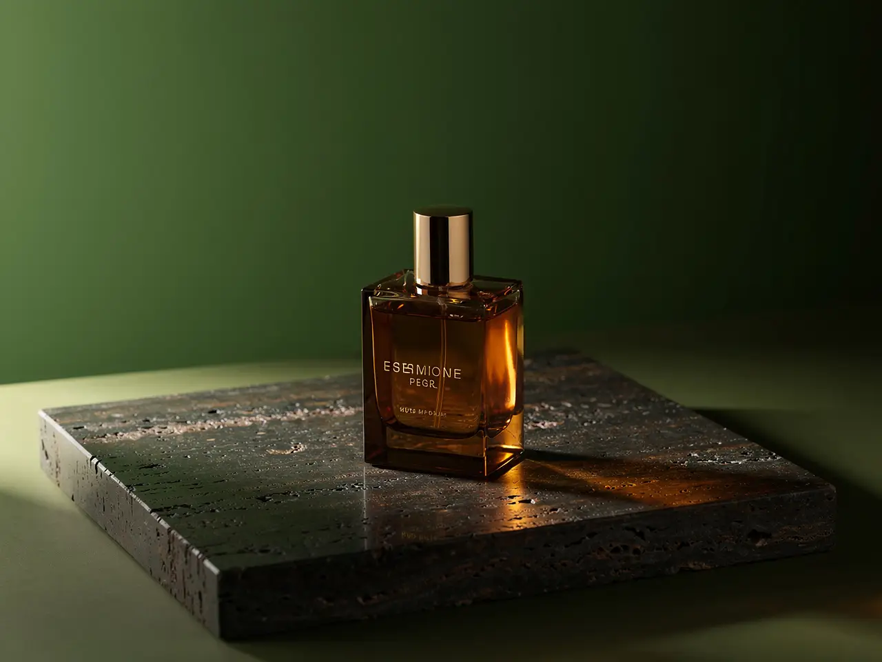 Nature morte de flacon de parfum de luxe sur une surface sombre réfléchissante