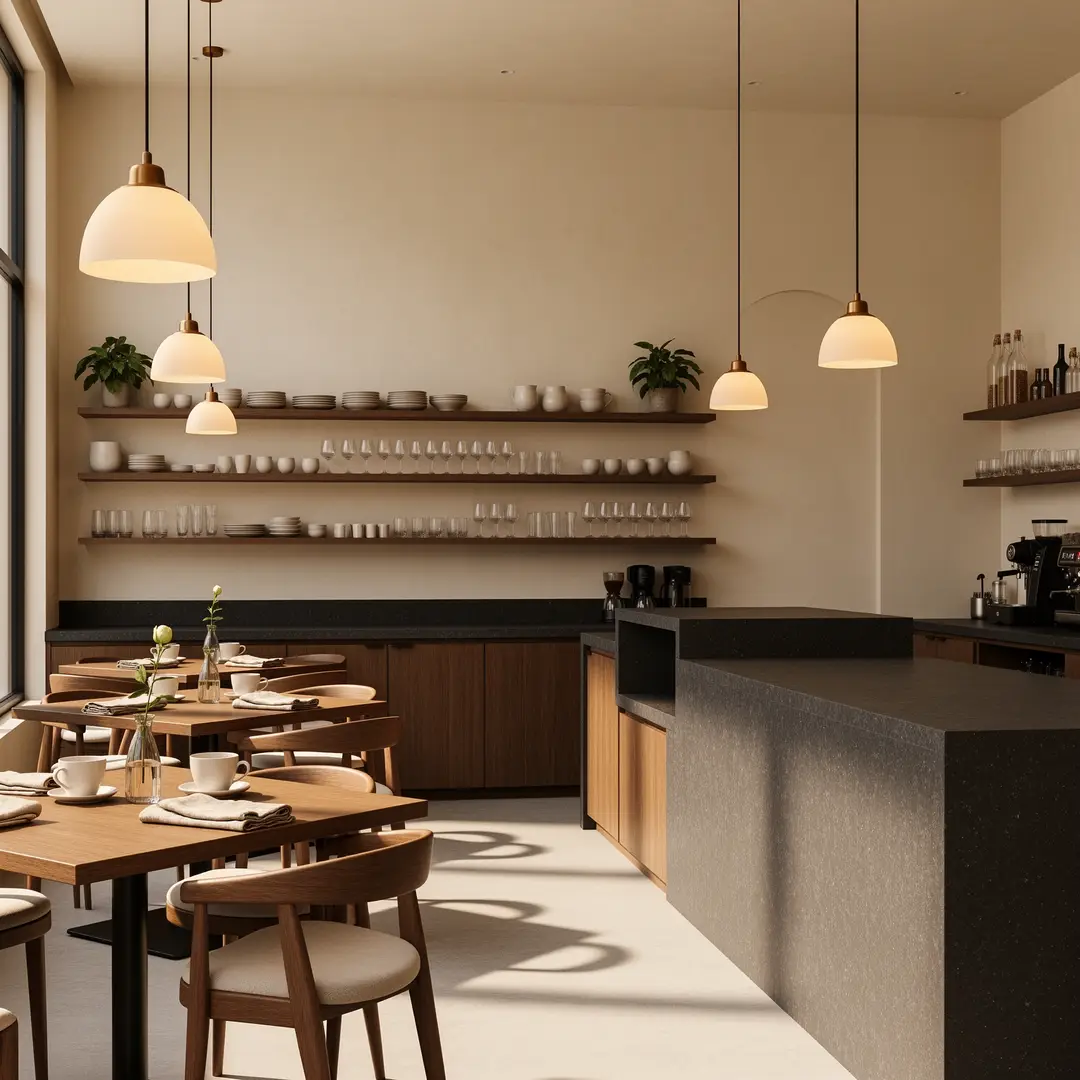Intérieur de café chic chaleureux avec des tables en bois et de grandes fenêtres