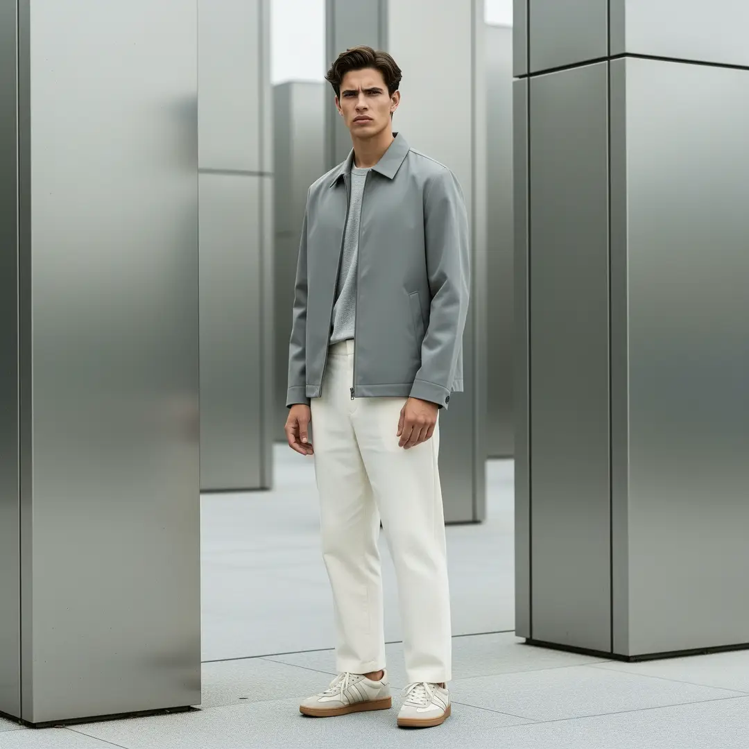 Streetwear lookbook frame of an adult in a structured jacket