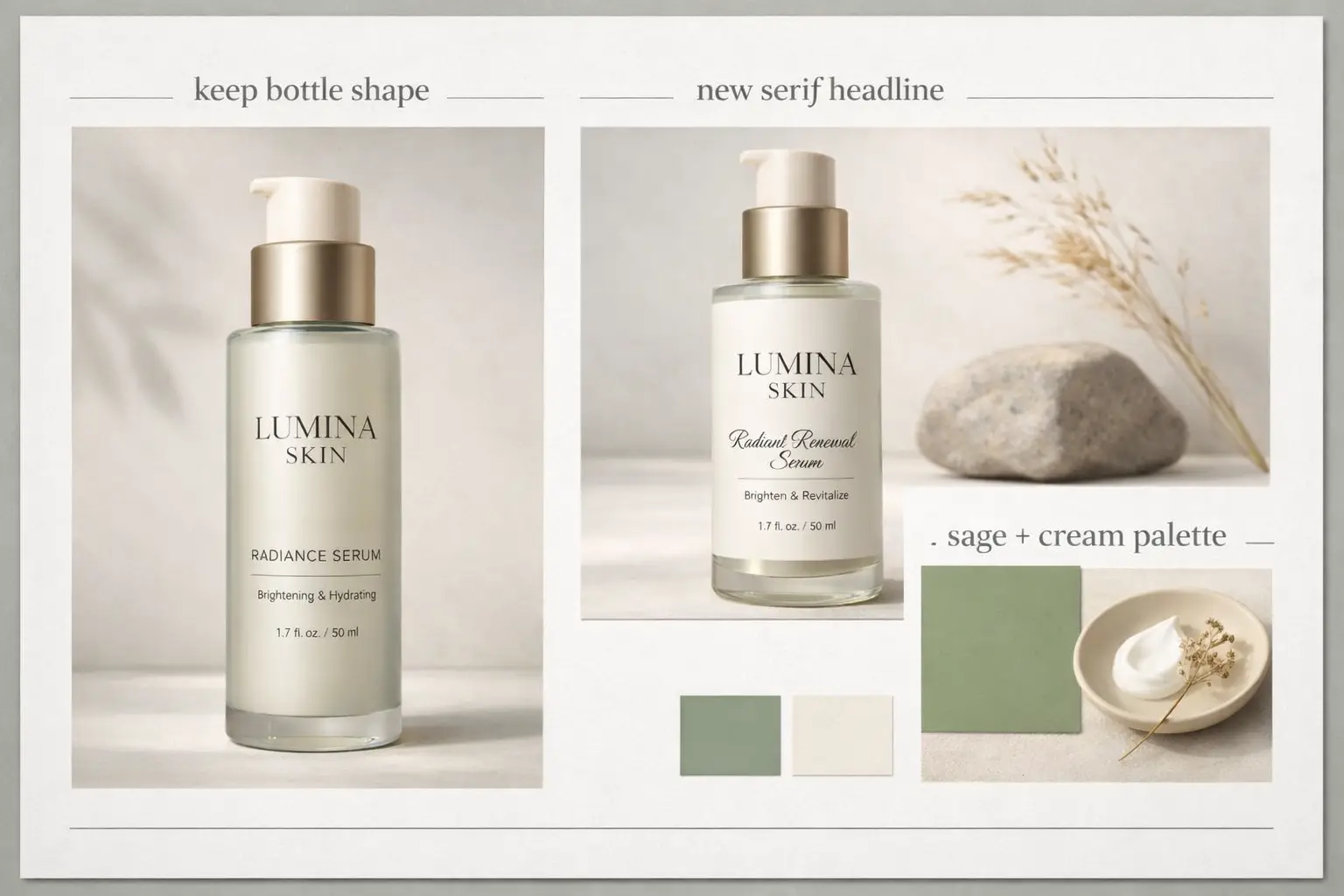 Packaging refresh board with boxes and bottles in a structured layout