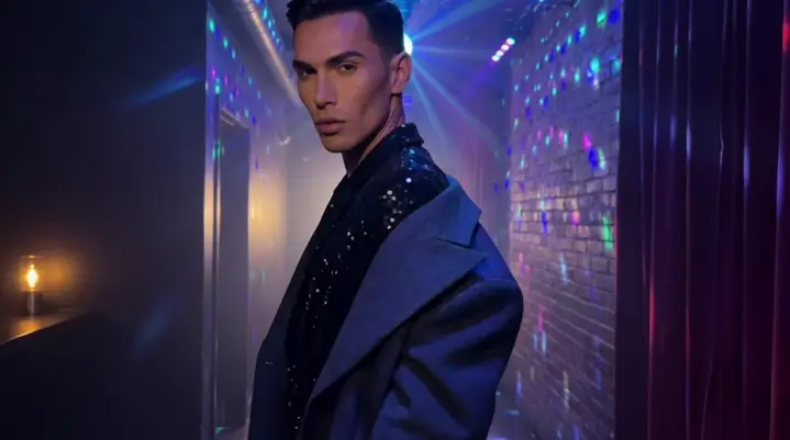 AI image-to-video example of a man in a blue jacket under neon lights