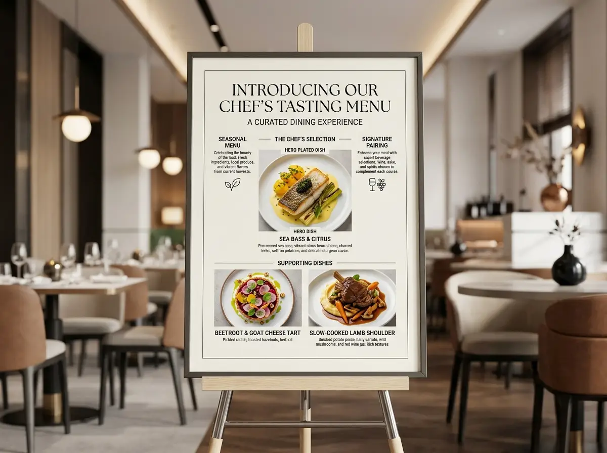 Planche de présentation de restaurant avec des plats servis disposés en grille