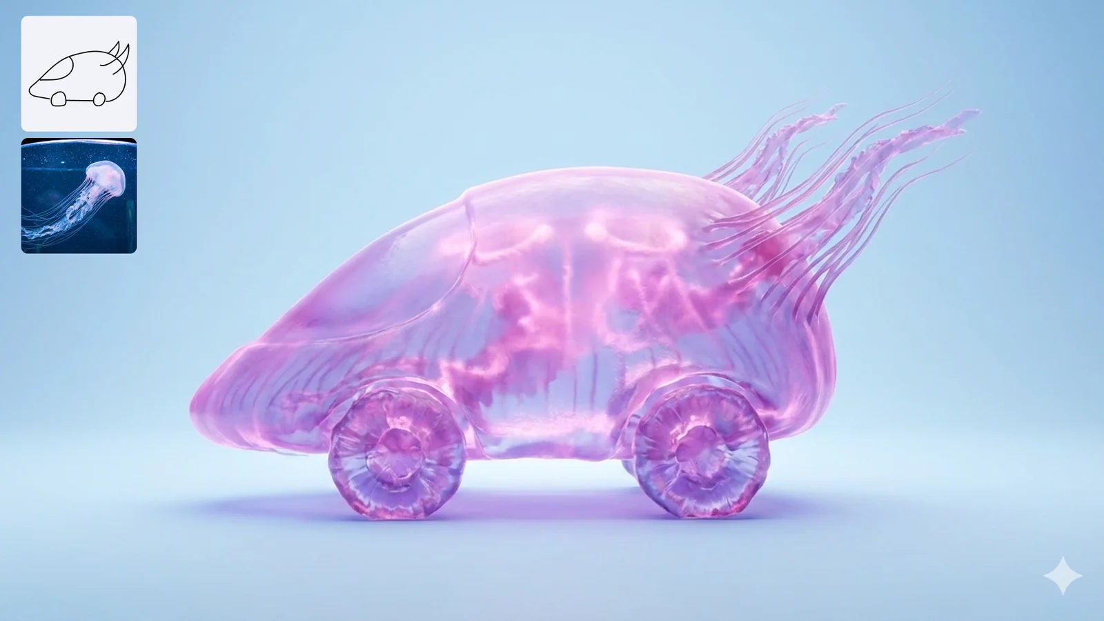 A translucent pink jellyfish-inspired concept car photographed against a pale blue studio background