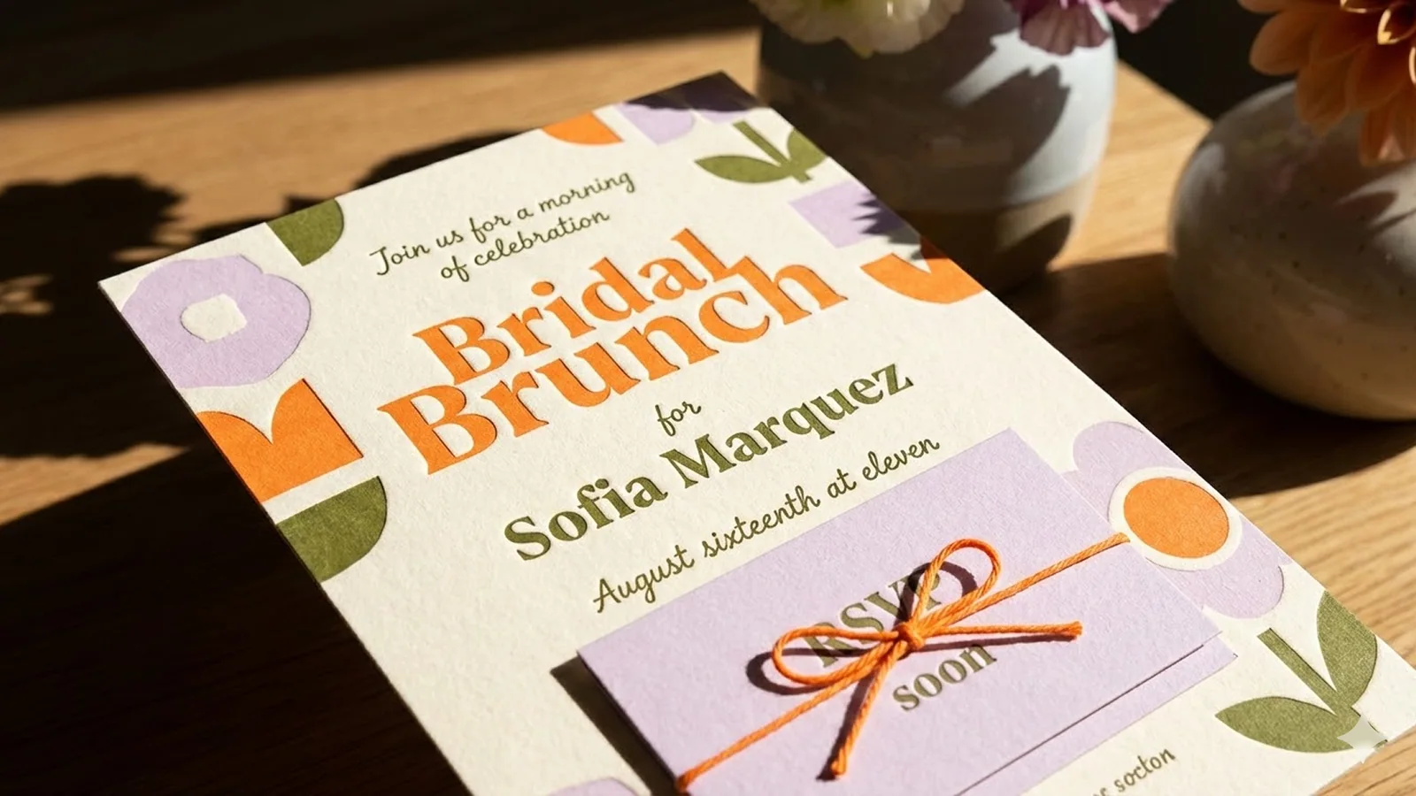 A colorful bridal brunch invitation card photographed on a sunlit table