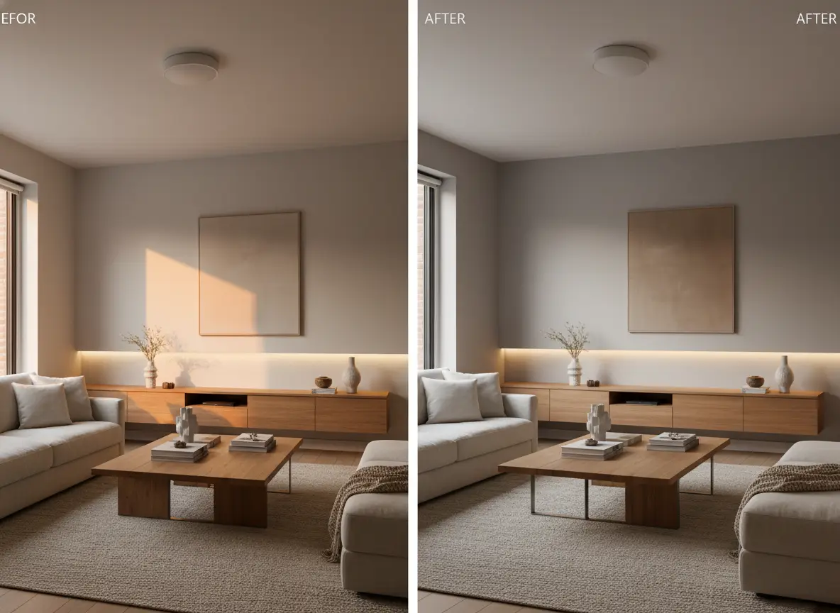 Bright living room refresh with sofa, rug, and daylight from tall windows