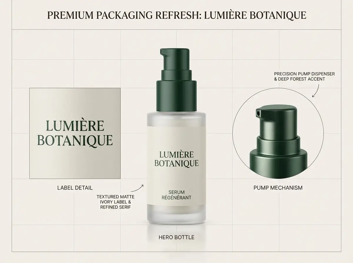 A luxury packaging update board for a glass skincare bottle with clean labels and a refined, intentional layout.
