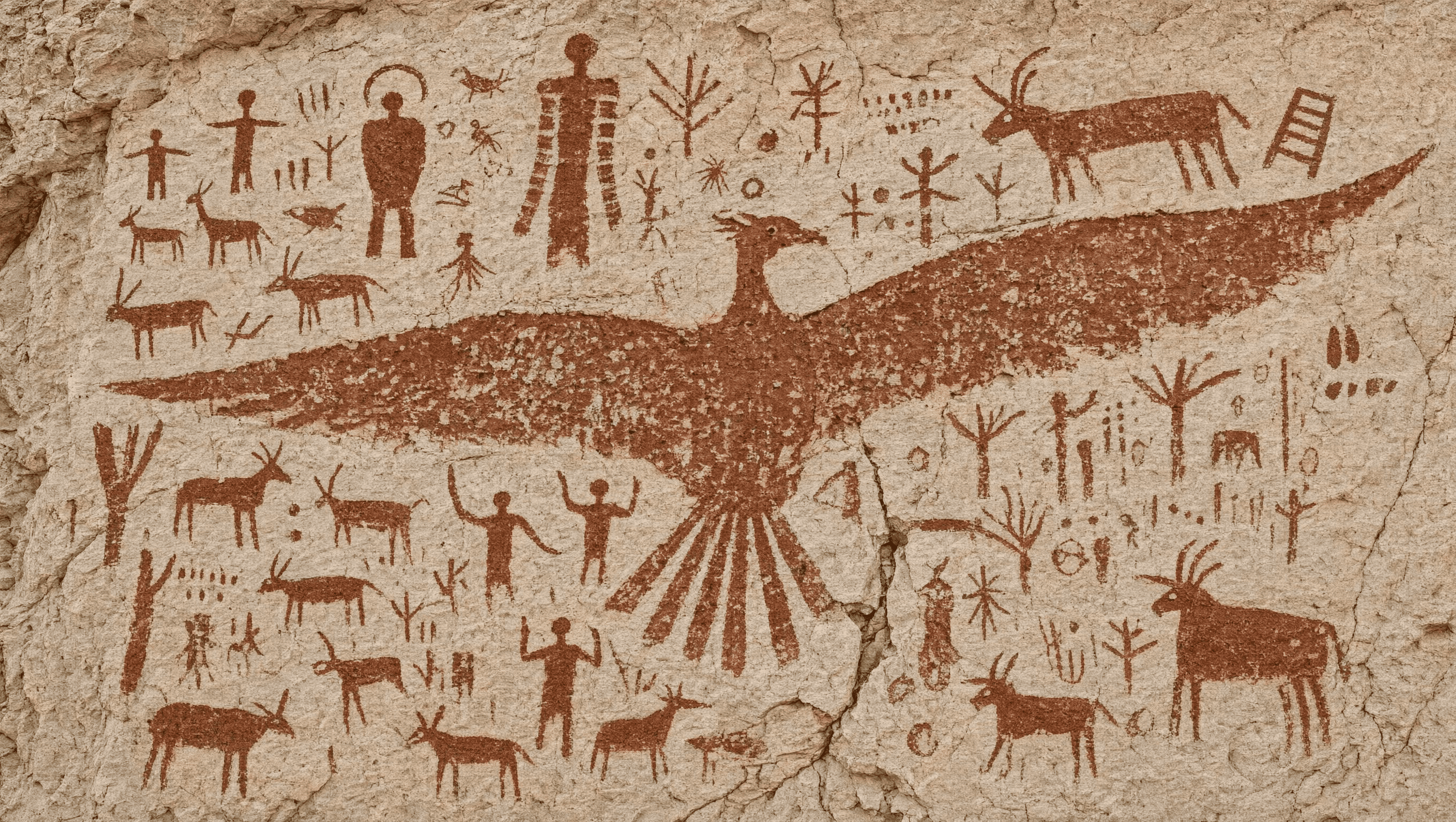 Prehistoric cave painting with hunters, animals, and a large bird figure.