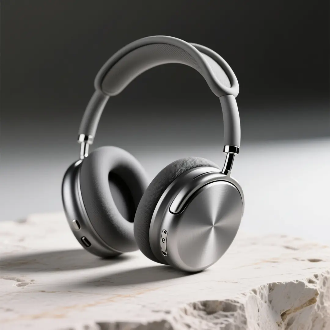 Casque audio circum-aural argenté sur pierre claire sur fond de studio sombre