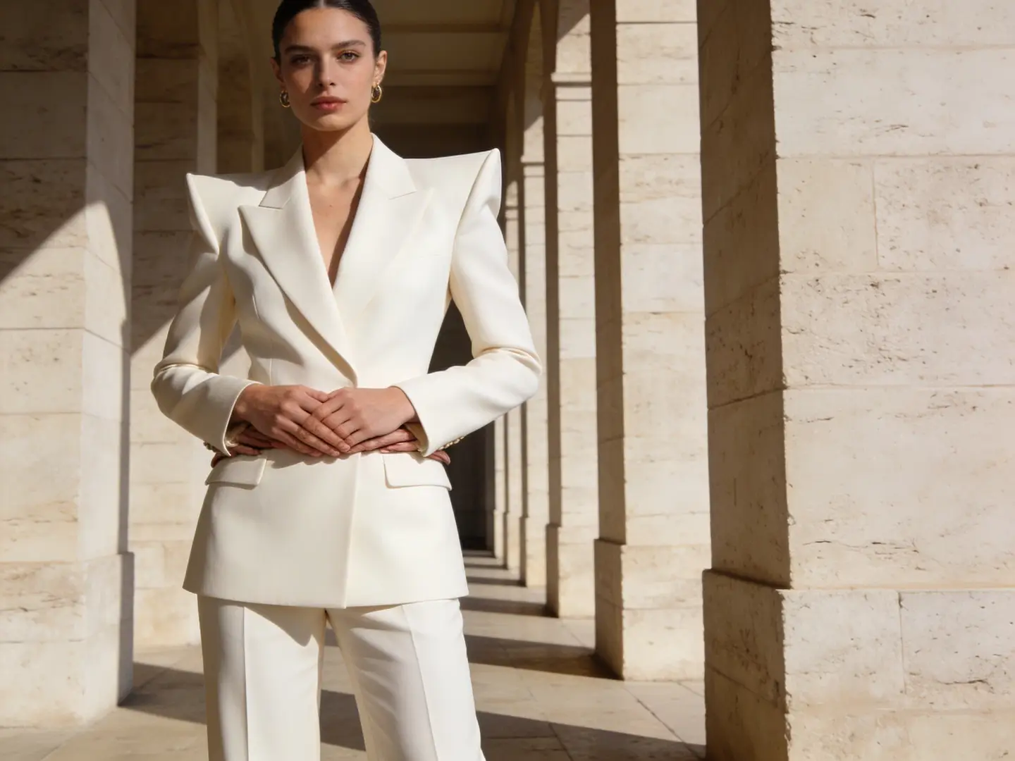 Adult woman in a structured white suit presented in an editorial fashion frame
