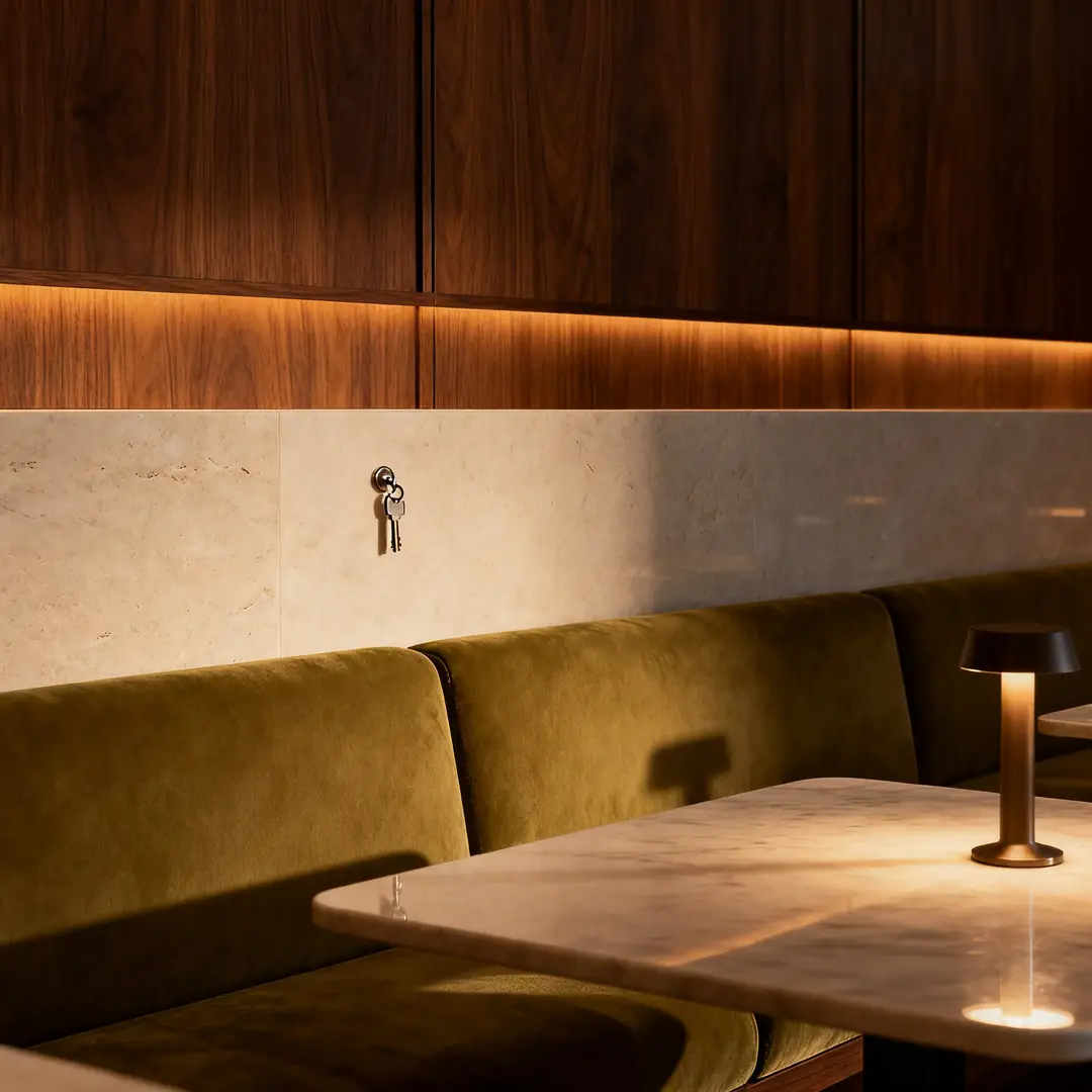 Salon d’hôtel chic avec des lampes chaleureuses, des canapés et des textures superposées