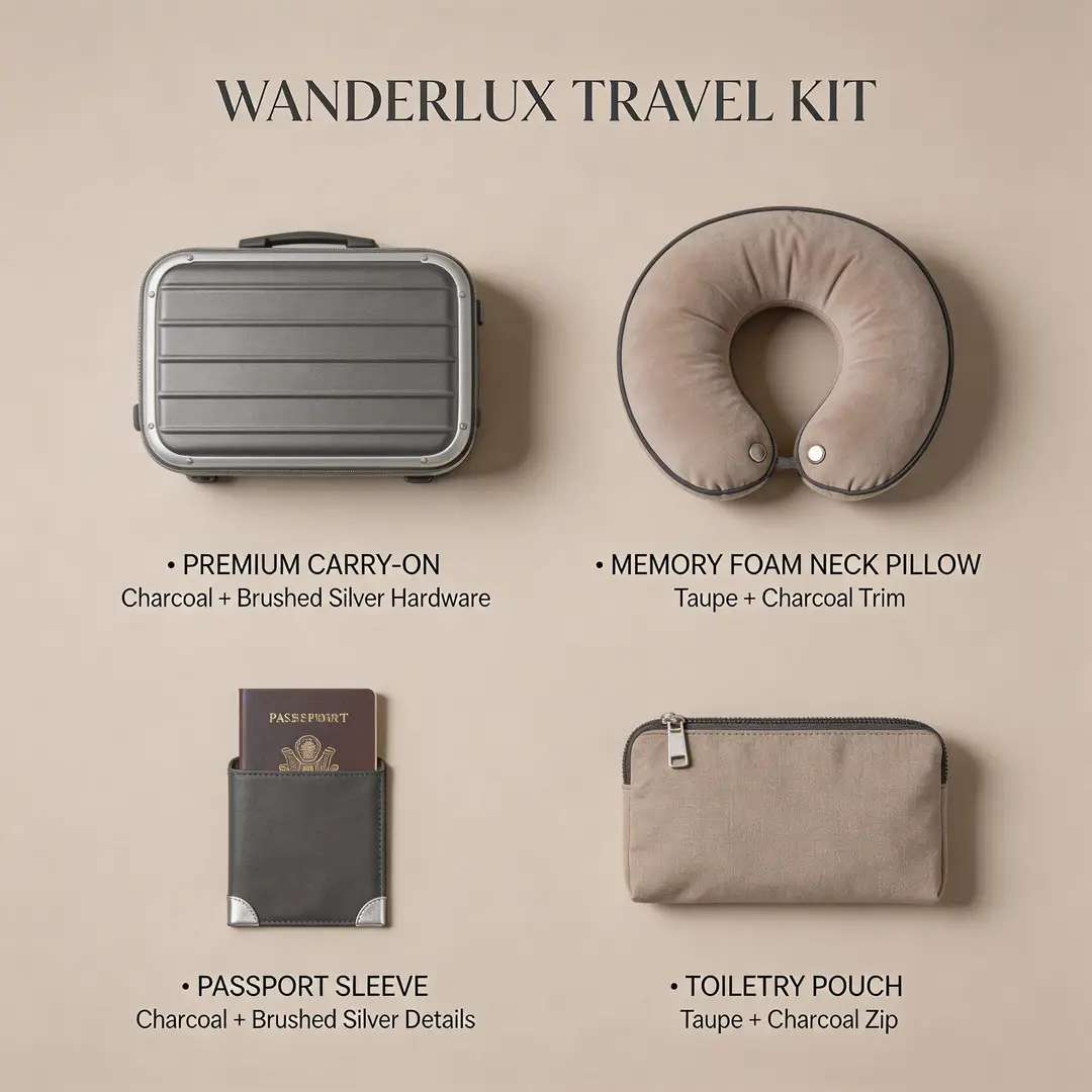 Travel kit concept board with bottles, pouch, and printed extras